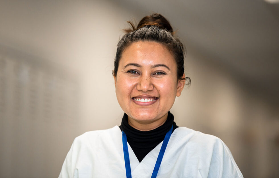 happy woman in white shirt